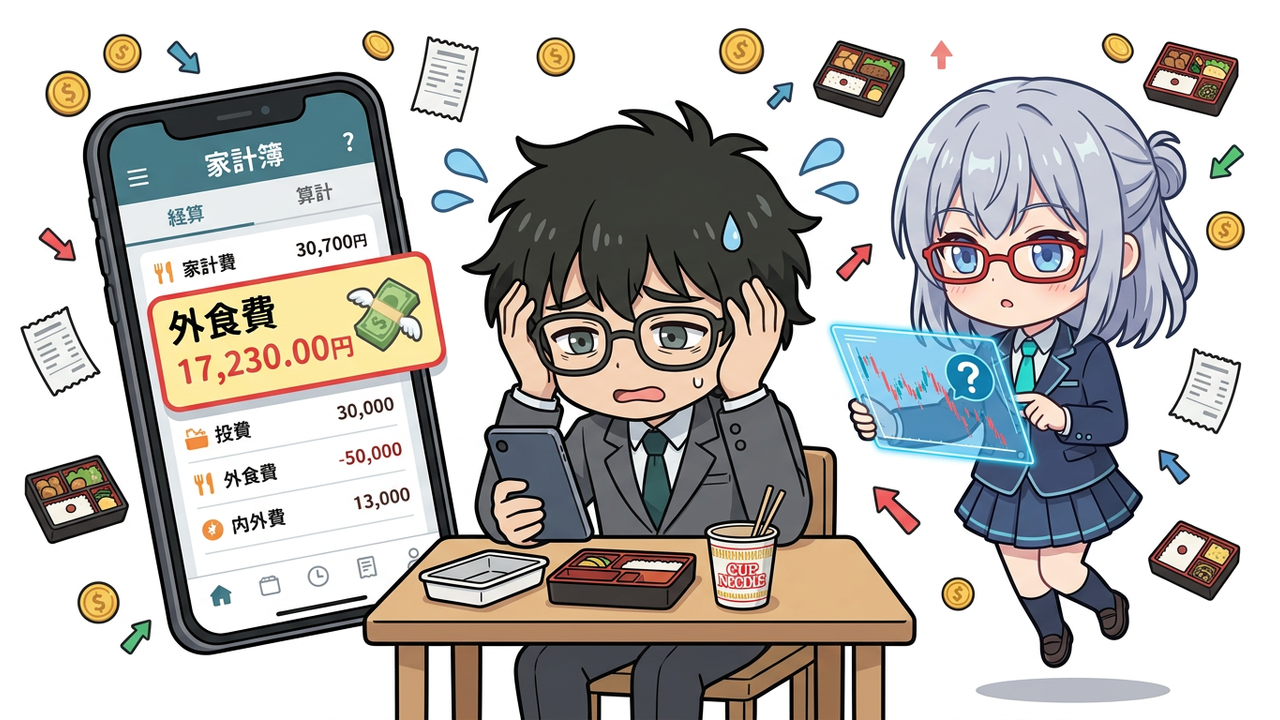 問題提起 - Jさんがスマホで家計簿アプリを見ながら、外食費の項目で頭を抱えている様子。AIちゃんが隣でタブレットを操作し、株価チャートを表示している