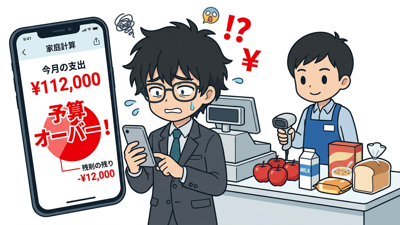問題提起 - J-sanがスーパーのレジでスマホの家計簿アプリを見ながら頭を抱え、困った表情をしている