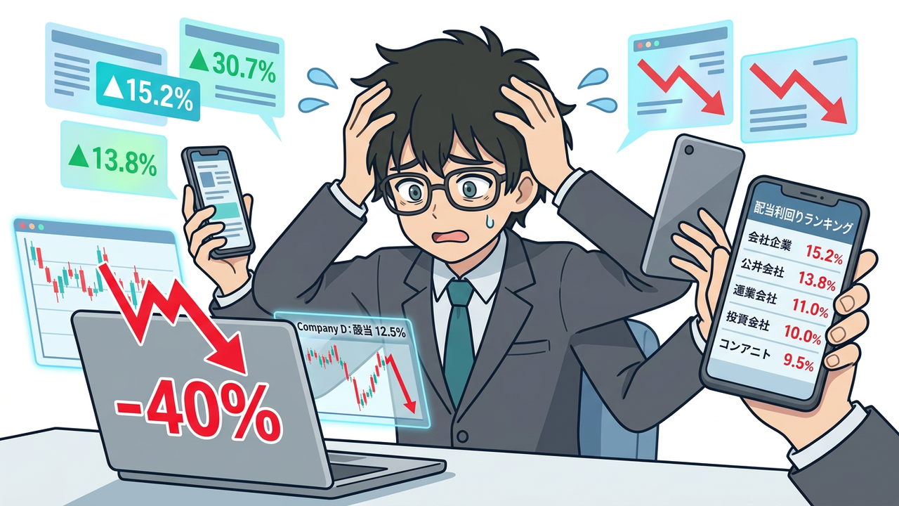 問題提起 - Jさんが、高利回りランキングの数字と、実際の株価チャートが大きく下落しているグラフを交互に見て、困惑した表情で頭を抱えているチビキャラ
