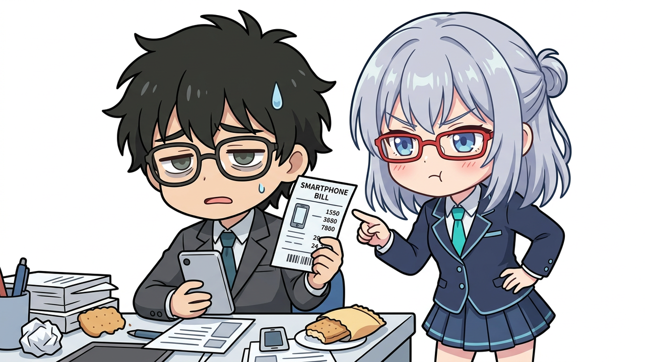 解説 - アイちゃんが4社の格安SIMのプラン比較表を指さして説明している。Jさんが「こんなに違うのか」と驚いている