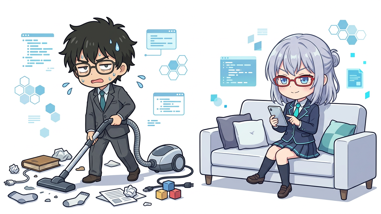 問題提起 - Jさんが散らかったリビングで汗をかきながら掃除機をかけているが、AIちゃんは涼しい顔でスマホを操作しているチビキャラ