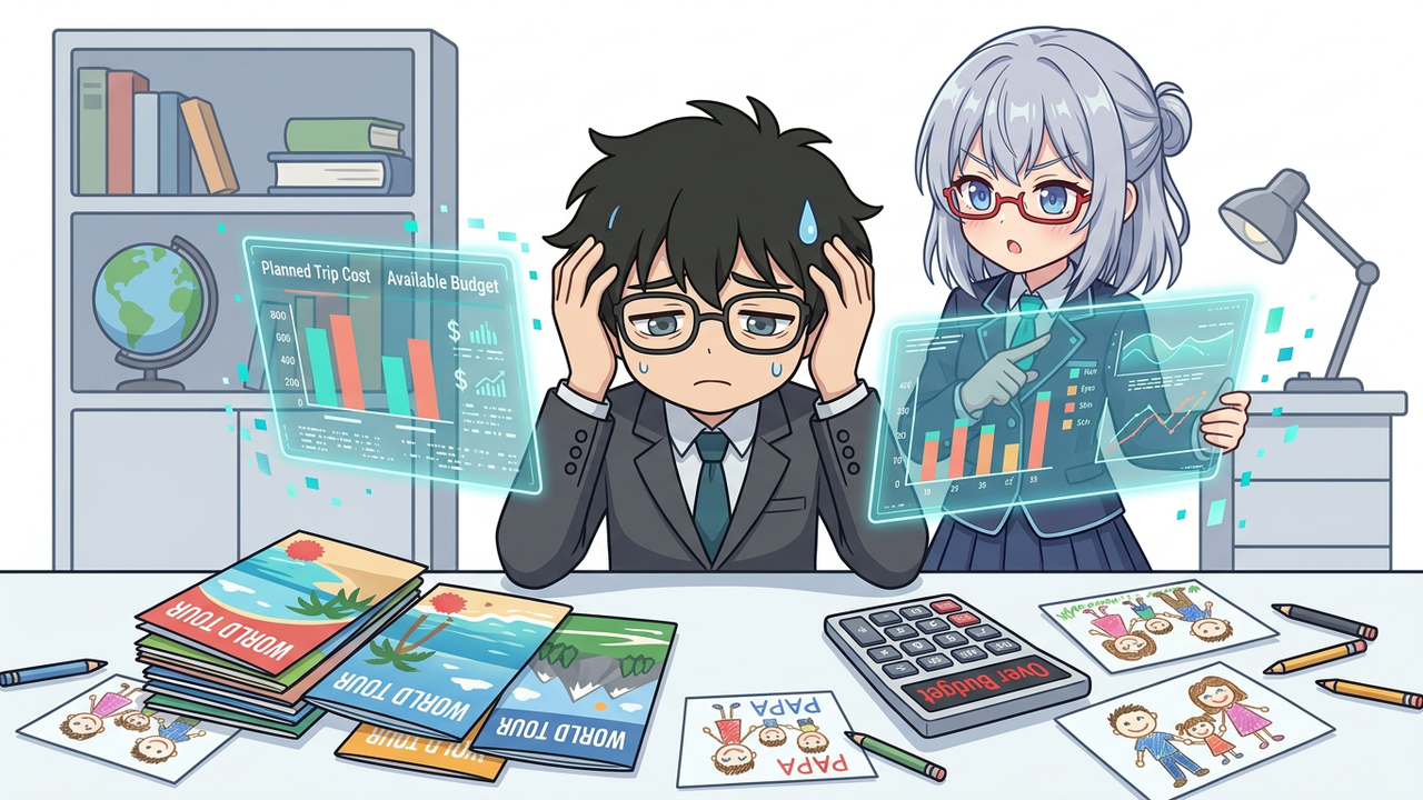 問題提起 - Jさん（ためいき顔）が電卓を叩きながら旅行パンフレットを前に頭を抱えている様子