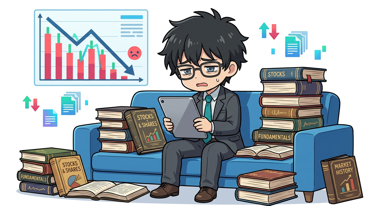 問題提起 - JさんがソファでFireタブレットを手に、難しい顔でたくさんの投資本を横目に悩んでいる様子