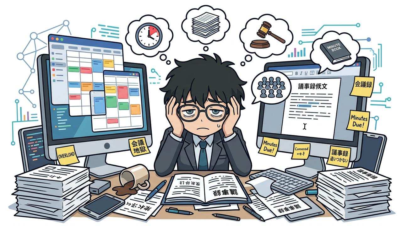 問題提起 - Jさんが山積みの書類とPCに囲まれ、頭を抱えながら疲れた顔をしているチビキャラ