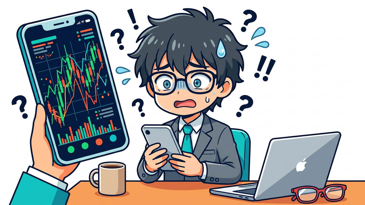 問題提起 - JさんがFXと株の違いに頭を悩ませているチビキャラ