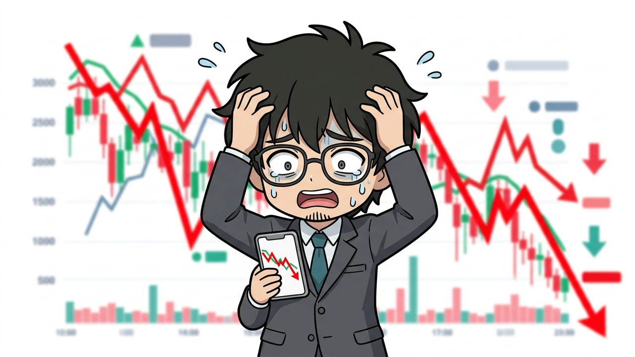 問題提起 - Jさんがスマホを片手に頭を抱え、焦っている様子。背景には乱高下するチャートのグラフがぼんやりと見える。