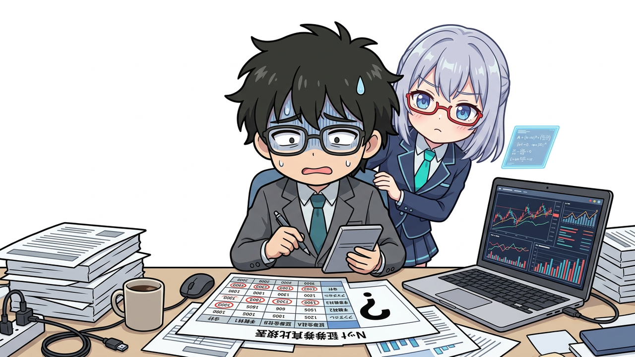 問題提起 - JさんがPC画面と電卓を前に、複数のネット証券の手数料比較表を前に頭を抱えて悩んでいるチビキャラ
