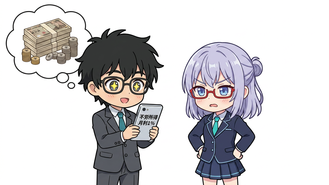 問題提起 - Jさんがスマホ画面の「不労所得」の文字を見て目をキラキラさせ、AIちゃんが呆れた顔をしているチビキャラ