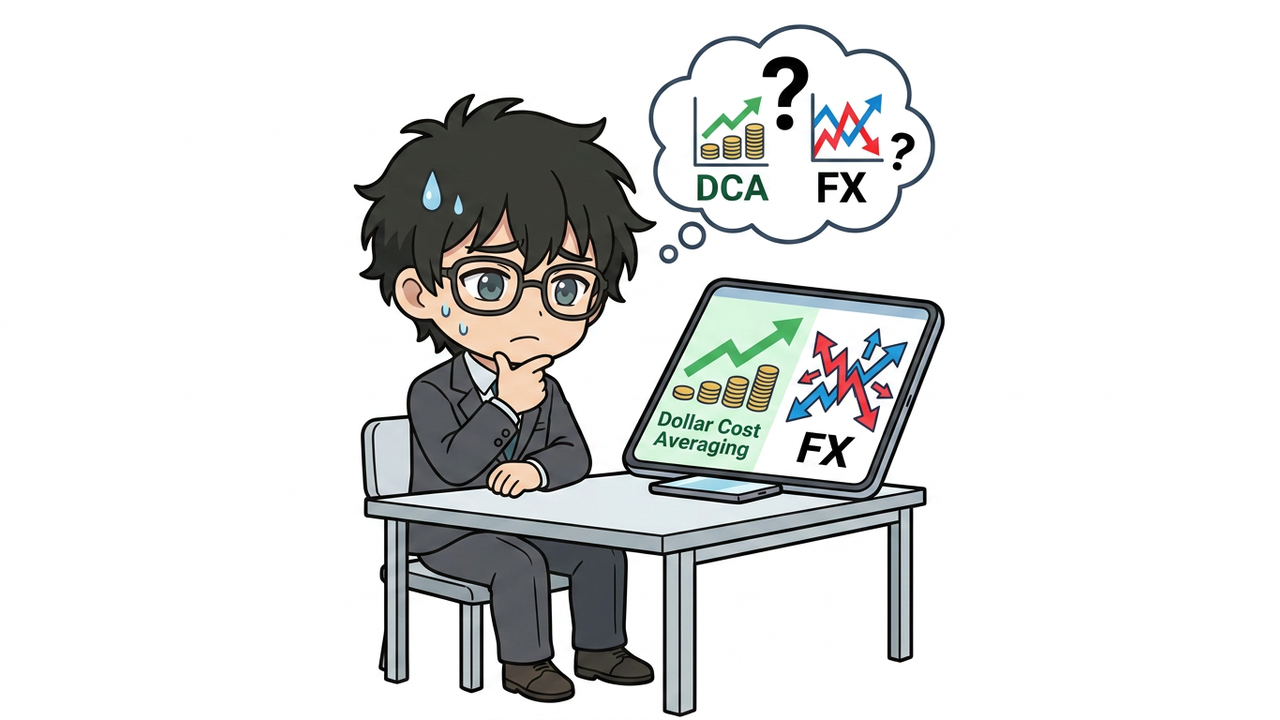 問題提起 - Jさんがスマホを片手に「ドルコスト平均法」の文字と「FX」の文字を見比べ、困惑した表情を浮かべている