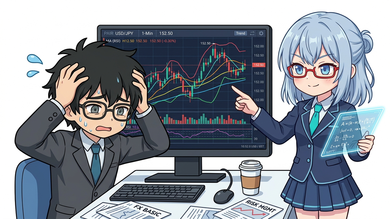 問題提起 - JさんがPC画面の複雑なFXチャートを見て頭を抱え、AIちゃんが隣で冷静に説明しているシーン