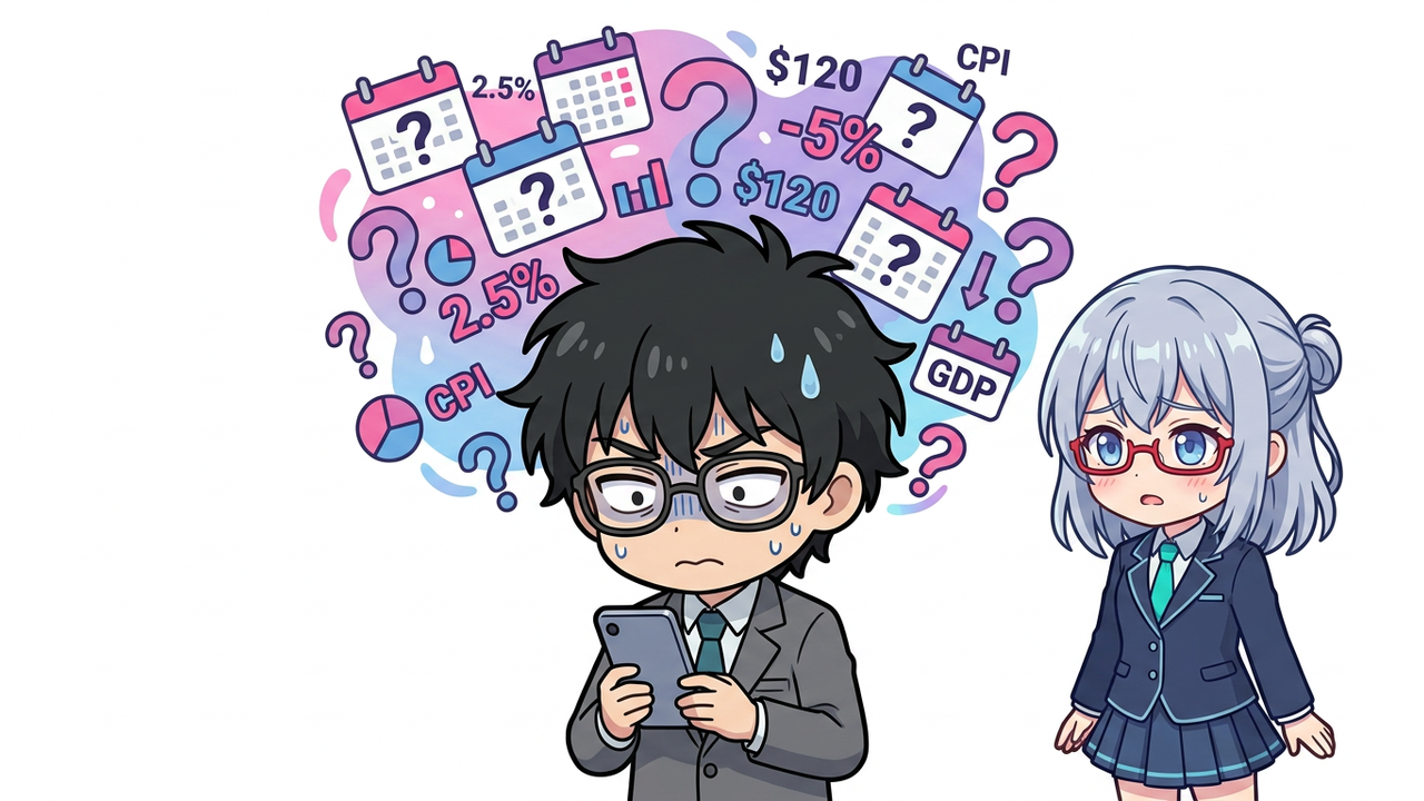 解説 - AIちゃんがホログラムのチャートを指し示し、そのチャート上に雇用統計発表前後の3つの値動きパターンが視覚的に図解されている。Jさんはその隣で驚いた顔で見ている。