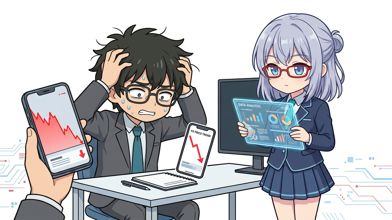 問題提起 - Jさんがスマホ画面を見ながら頭を抱え、背後には赤字のチャートが広がるシーン。AIちゃんは冷静に隣でデータ分析結果を表示している。
