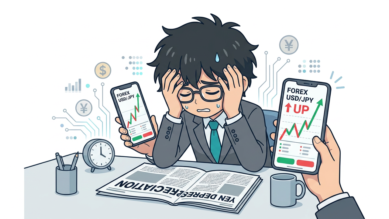 問題提起 - Jさんが、為替介入のニュース記事を読みながら頭を抱え、不安そうな表情を浮かべている。背景には円安のグラフ。