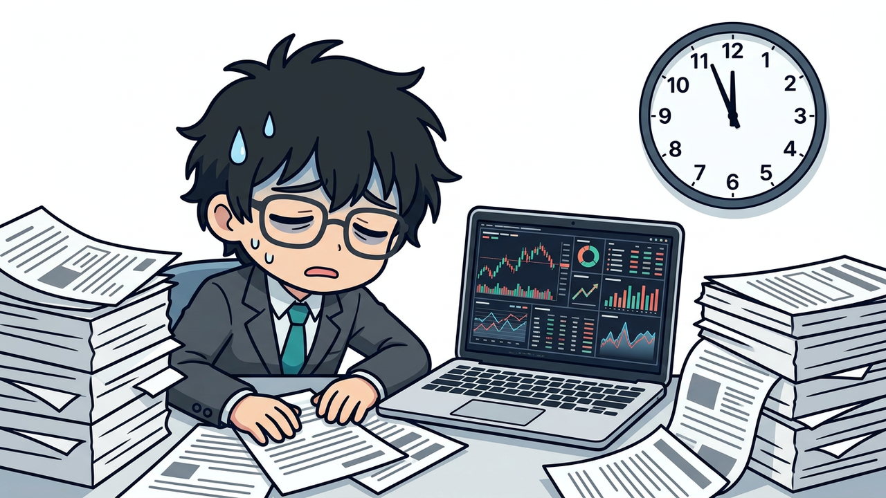 問題提起 - JさんがPCと書類に囲まれ、眉間にシワを寄せて悩んでいるチビキャラ。時計が深夜を指している。