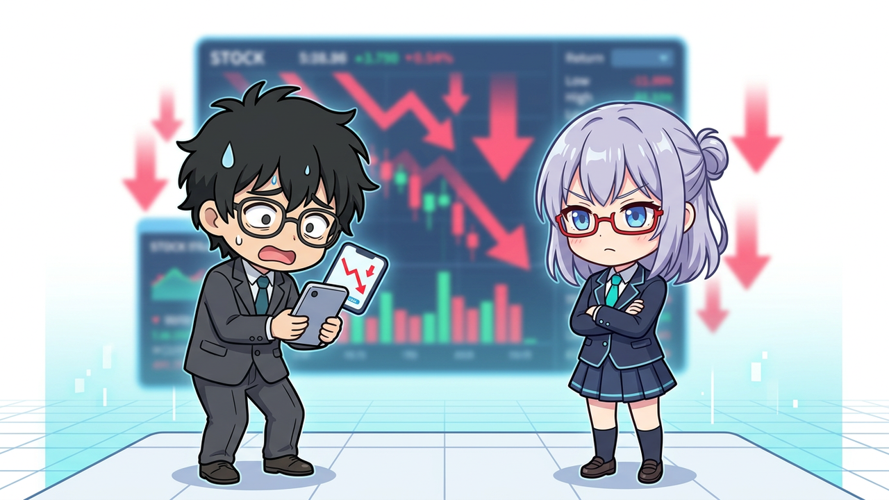 問題提起 - Jさんがスマホ画面を見ながら困惑した表情を浮かべ、AIちゃんが厳しい顔で隣に立っているイラスト