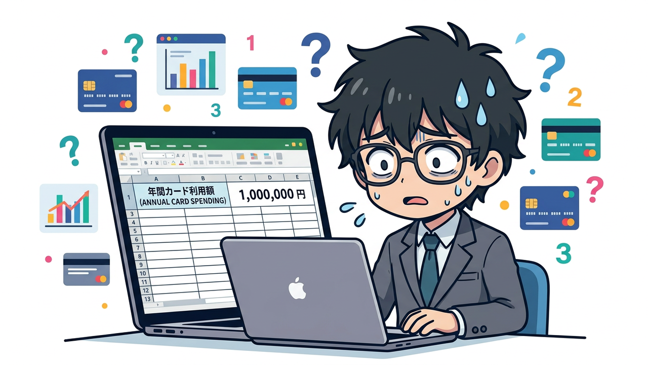 問題提起 - JさんがPC画面を見て、年間100万円の利用額達成に頭を悩ませているチビキャラ