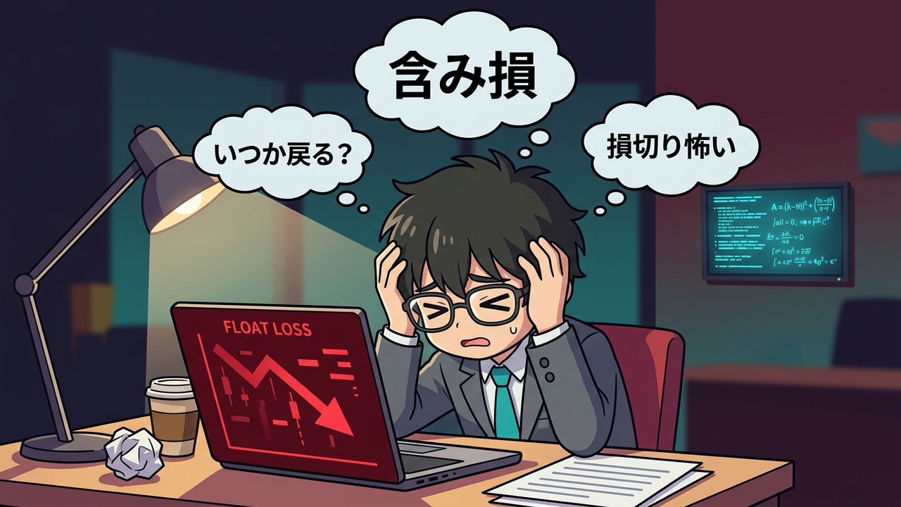 問題提起 - Jさんが机に突っ伏して悩んでおり、頭上に複数の「含み損」の文字が浮かんでいる