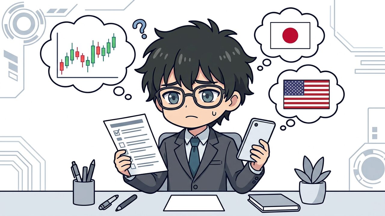 問題提起 - Jさんが「結局どれにすべき?」と紙のチェックリストを片手にスマホを見比べているチビキャラ