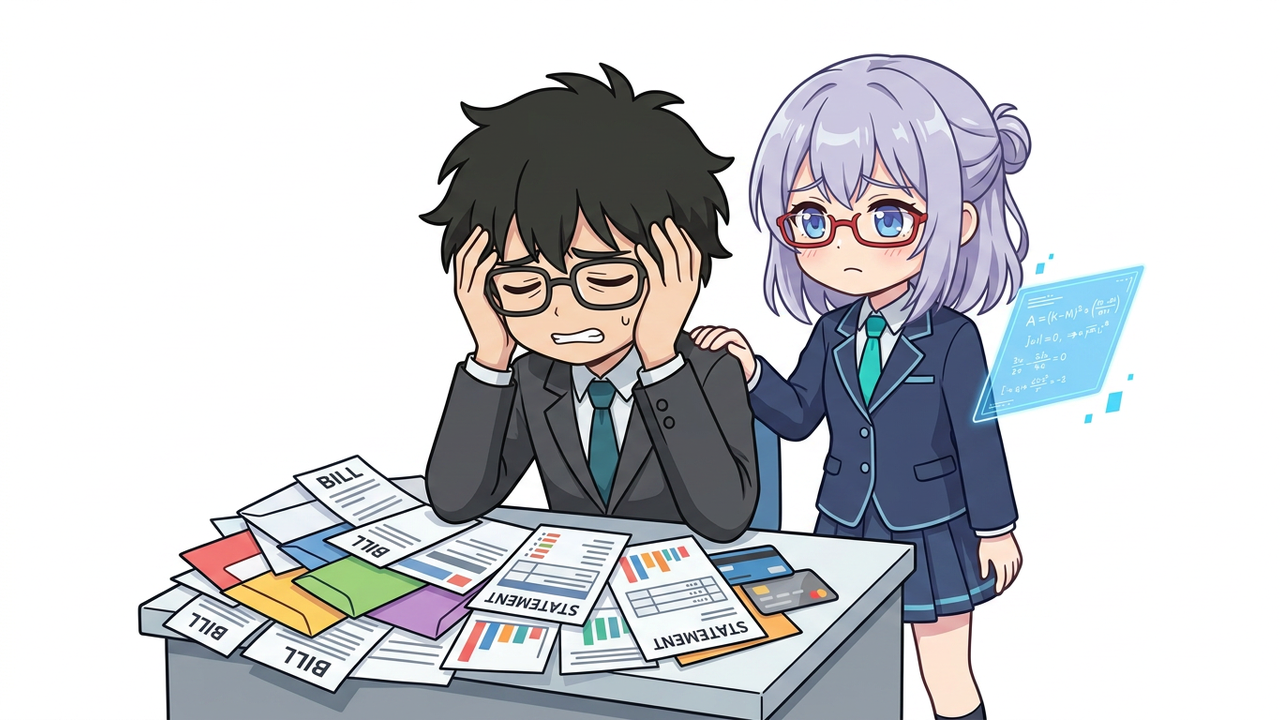 問題提起 - Jさんが机に突っ伏して、家計簿やクレジットカードの明細に頭を抱え、AIちゃんが横で困った顔で見守っているシーン