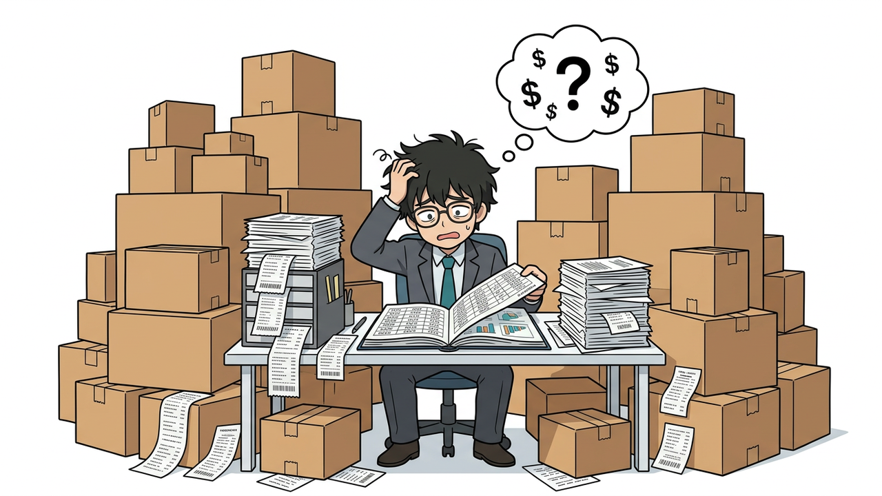 問題提起 - Jさんが、Amazonのロゴが描かれた段ボールの山と、家計簿やレシートの山を前に頭を抱えて悩んでいる。