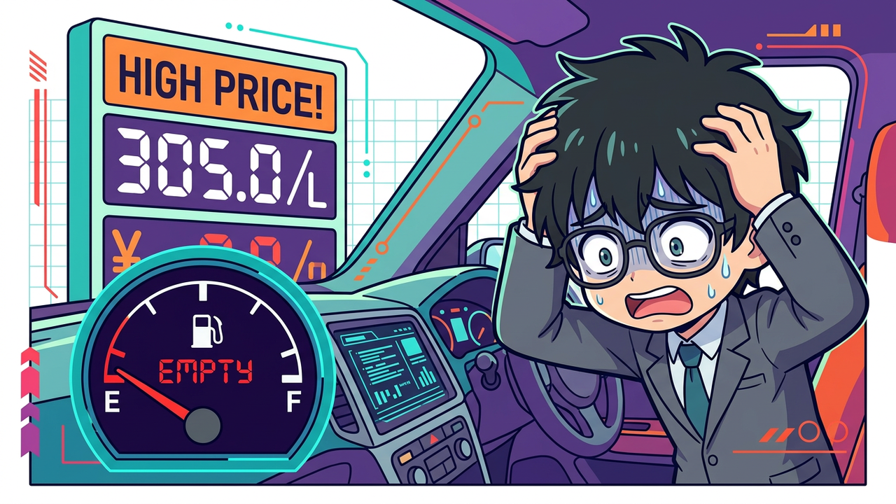 問題提起 - Jさんが車のメーターを見てガソリン代高騰に頭を抱え、焦りの表情を浮かべている。背景には高騰したガソリン価格の表示