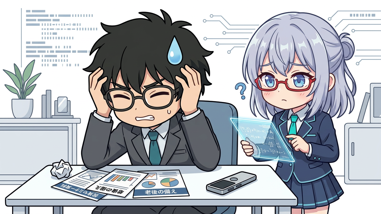 問題提起 - Jさんが投資セミナーのパンフレットを前に、頭を抱えて悩んでいる様子。手元には録音されたPlaudNoteがある。