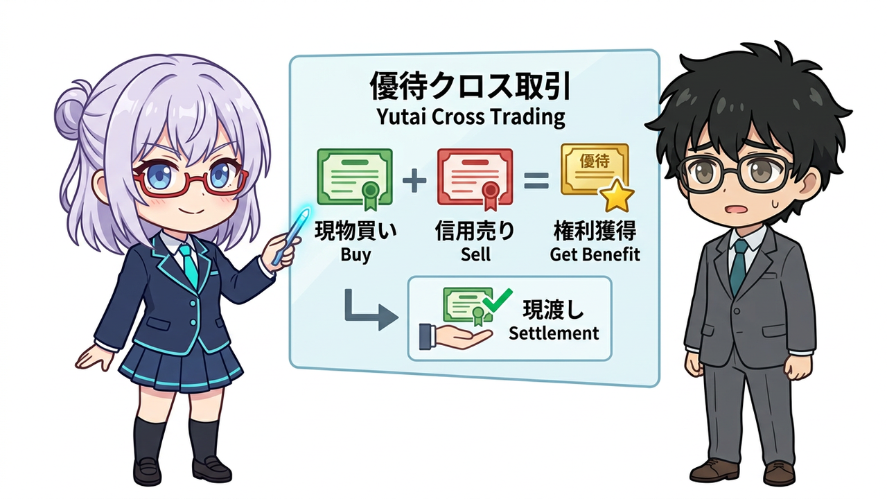 解説 - AIちゃんがホログラムの画面で株主優待の銘柄リストや信用売り在庫のデータを示しながら、Jさんに説明している。Jさんは驚きと感動の表情。