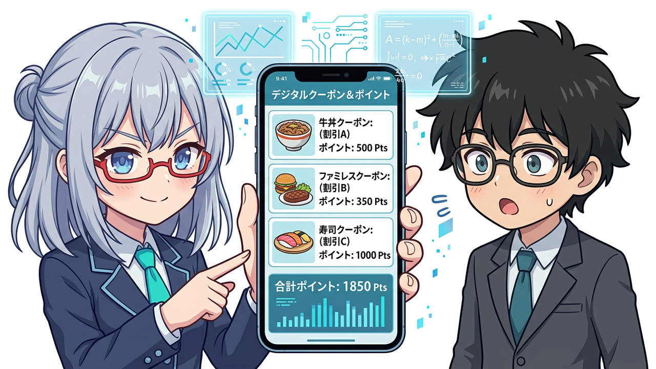 解説 - AIちゃんがスマホ画面に映る電子優待券のアプリを指差しながら、Jさんに説明している。スマホの画面には吉野家やすかいらーくのアプリのアイコンと、優待券の残高が表示されている