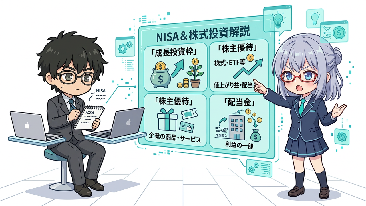 解説 - AI-chanがホワイトボードにNISAの成長投資枠と優待株のイメージ図を書きながら、J-sanに解説している。図には「非課税投資枠」「株主優待」「配当金」の文字