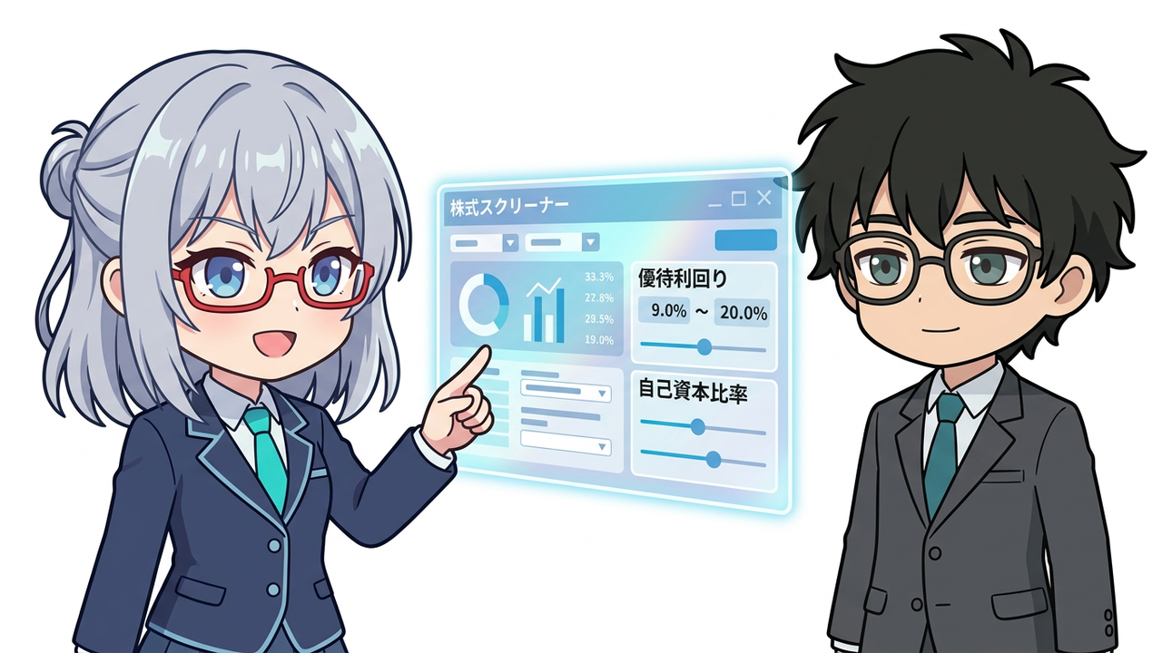 解説 - AIちゃんがホログラムの画面にmoomooのスクリーナー画面を投影し、Jさんに具体的な操作を教えているチビキャラ