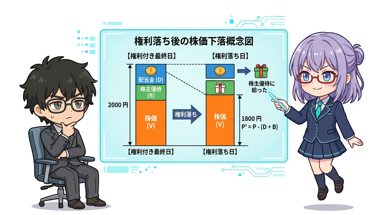 解説 - AIちゃんがホログラムのホワイトボードを使って、権利確定日と権利落ち日の株価変動(優待・配当分が落ちる様子)を図解で説明しているチビキャラ