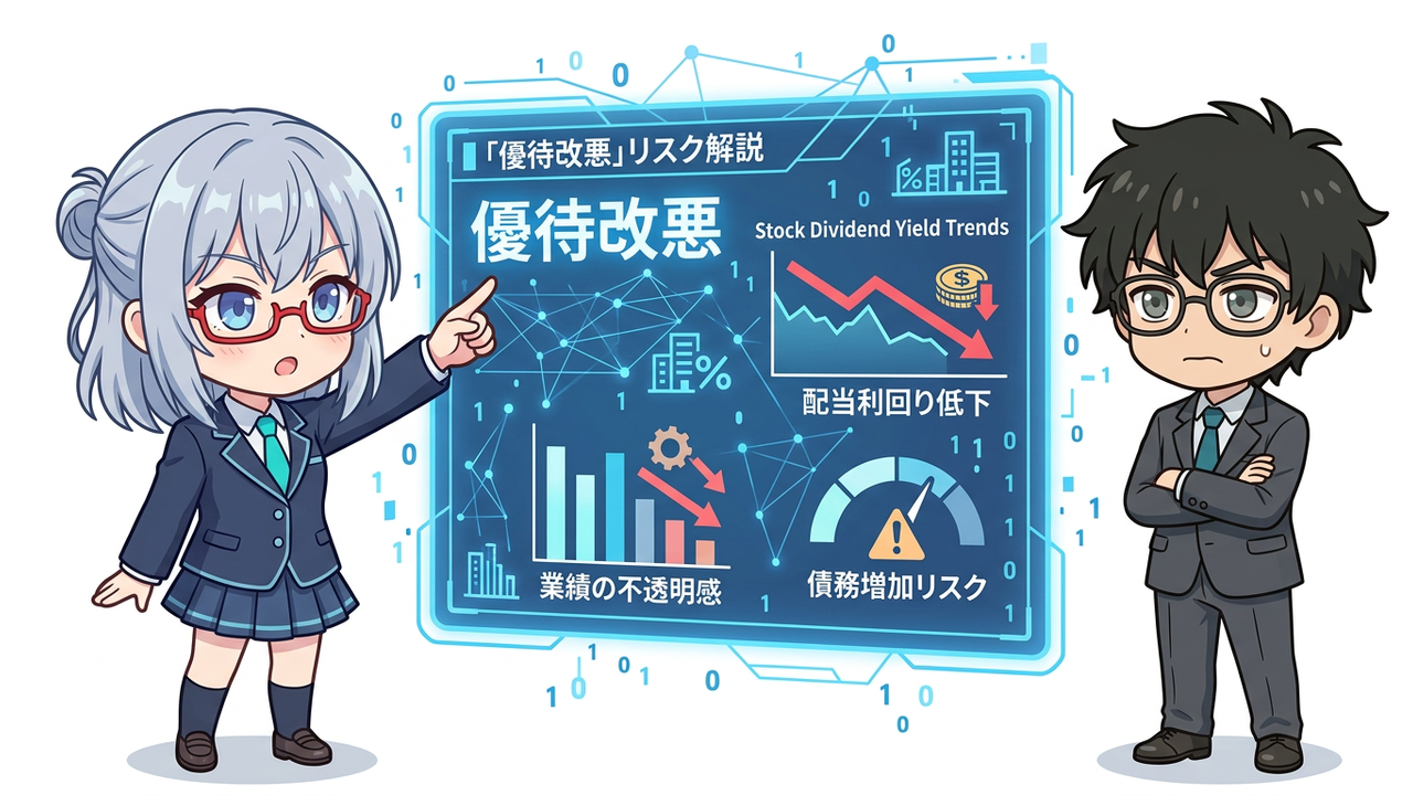 解説 - AIちゃんがホログラムのグラフとデータ(優待利回り推移、企業業績、財務健全性など)を指し示しながら、Jさんに優待改悪リスクについて説明しているちびキャラ