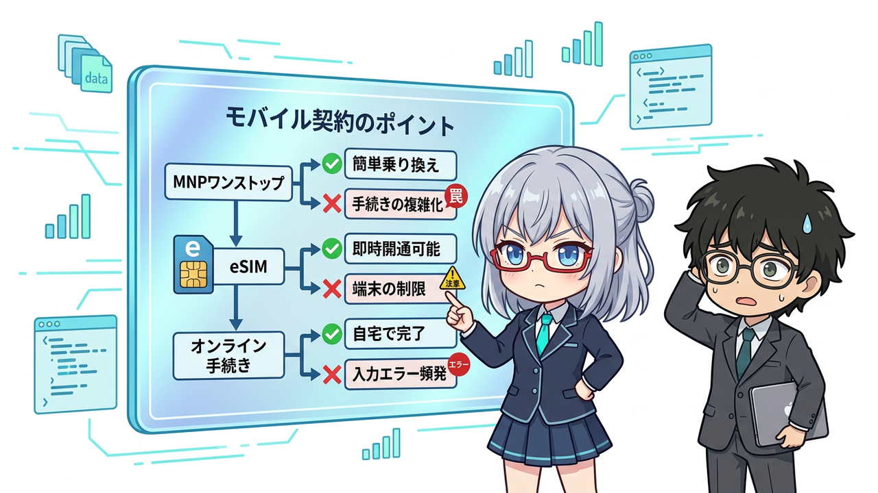 解説 - AI-chanがタブレットを指し、MNPワンストップ、eSIM、オンライン手続きのフローチャートを説明している