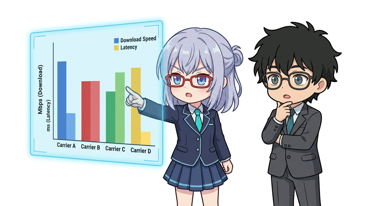 解説 - AIちゃんが通信速度やレイテンシのグラフを指差し、Jさんが感心した表情でそれを見ている。グラフはahamo, 楽天モバイル, UQモバイル, mineoの速度と遅延を比較している