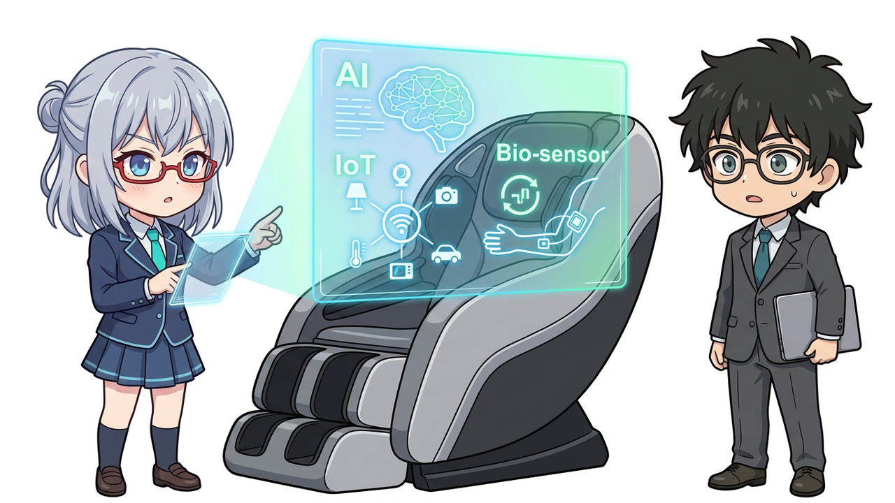解説 - AIちゃんがホログラムでAI、IoT、生体センサーの概念をマッサージチェアの図と共に図解しているチビキャラ