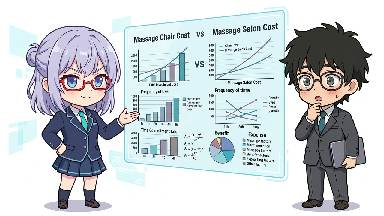 解説 - AIちゃんがグラフや数式が書かれたホログラム画面を指し示しながら、Jさんが驚いて見ているチビキャラ