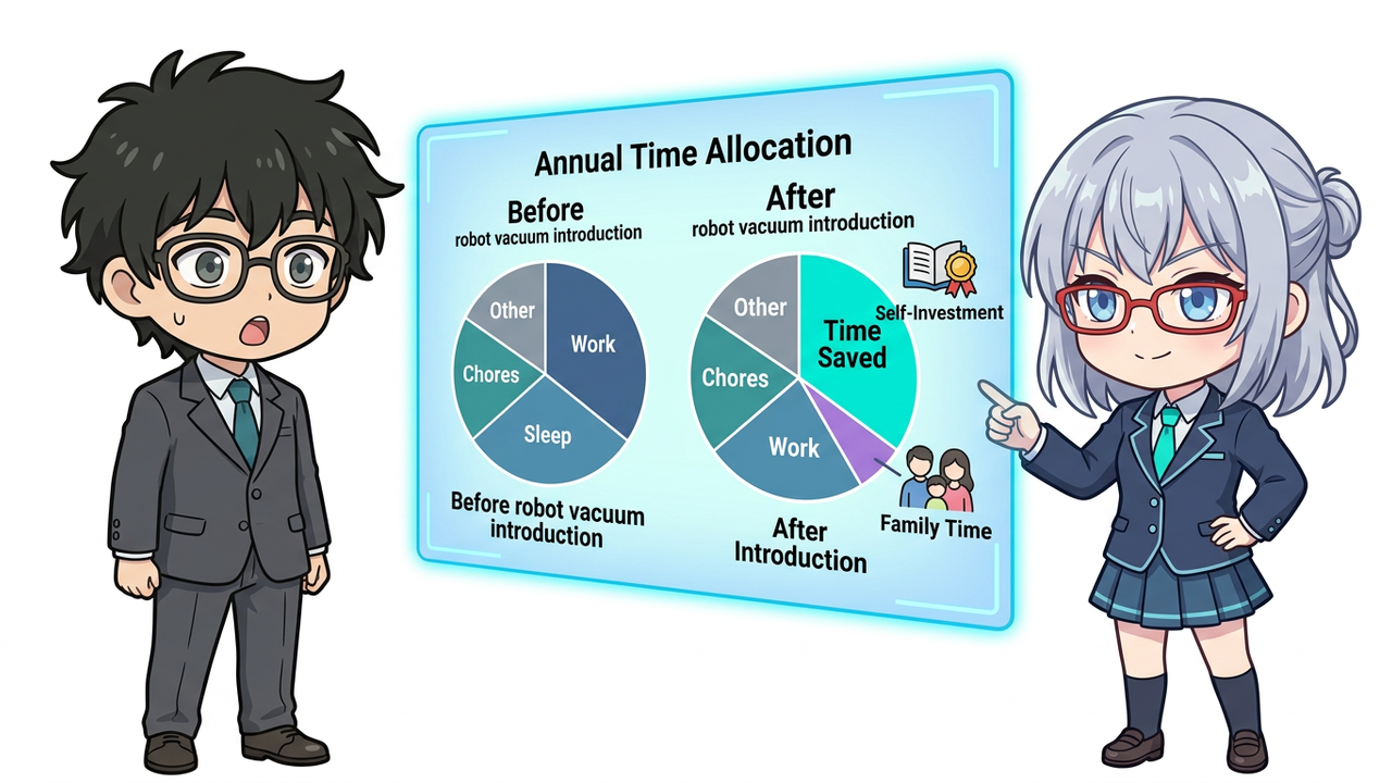 解説 - AIちゃんがホログラムで「年間100時間削減」のグラフや、自己投資・家族時間のイラストを説明しているチビキャラ