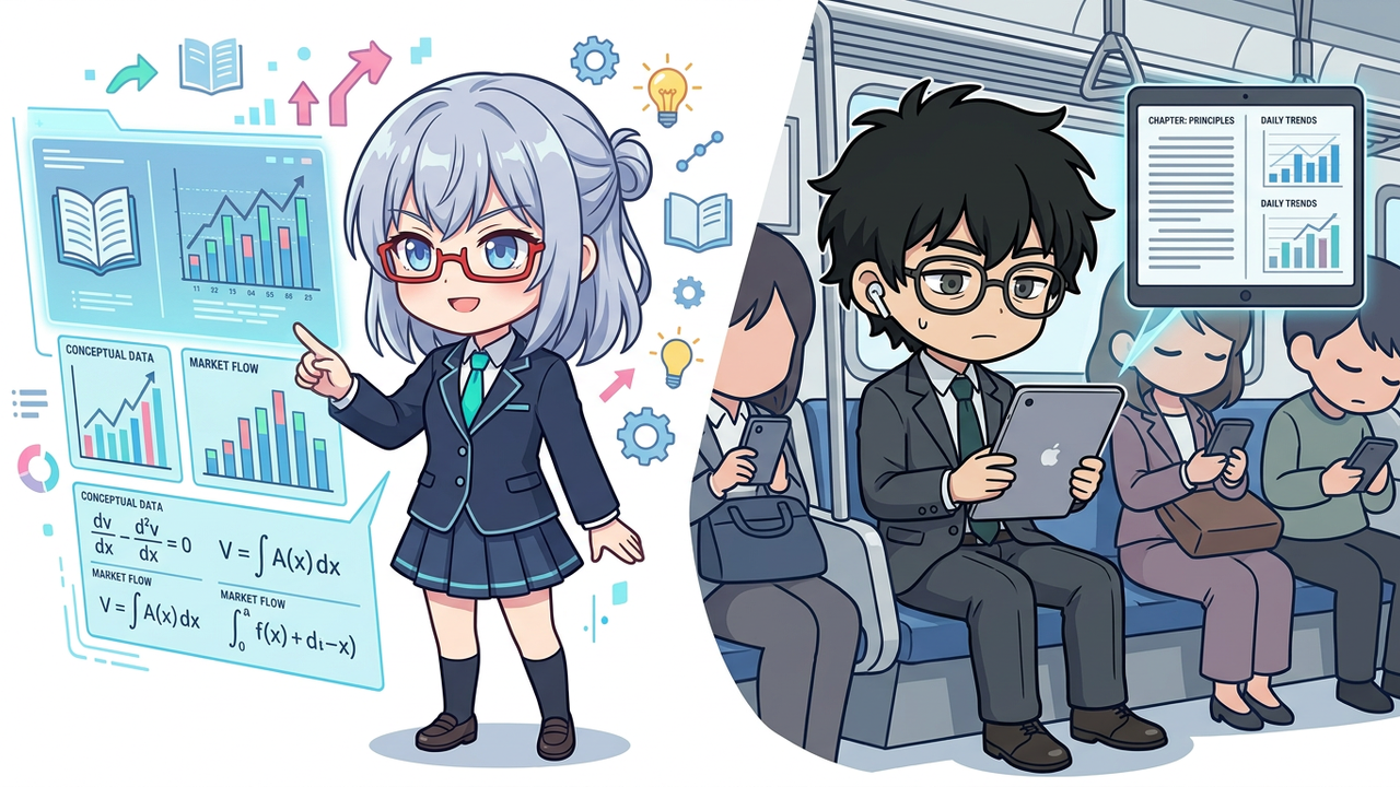 解説 - AIちゃんがFireタブレットの画面に表示された本やグラフを指差しながら、Jさんが電車内でイヤホンをしてタブレットを見ている