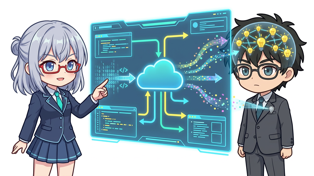 解説 - AIちゃんがホログラムでPlaudNote PINからNotebookLMへデータが流れ、Jさんの脳内で知識が広がる様子を図解しているチビキャラ