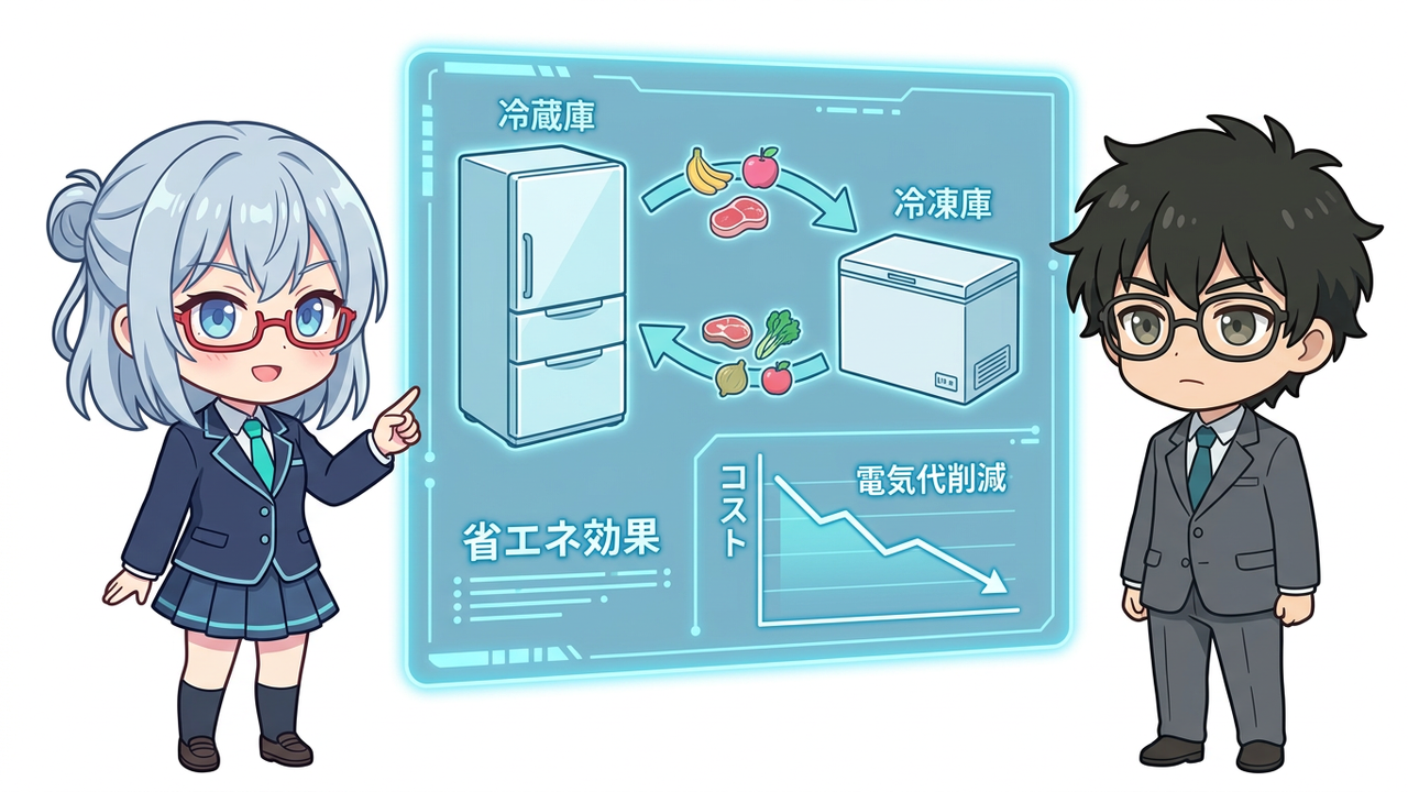 解説 - AIちゃんがホログラムでMF-U14K-Bのイラストと容量、電気代のグラフをJさんに説明しているチビキャラ
