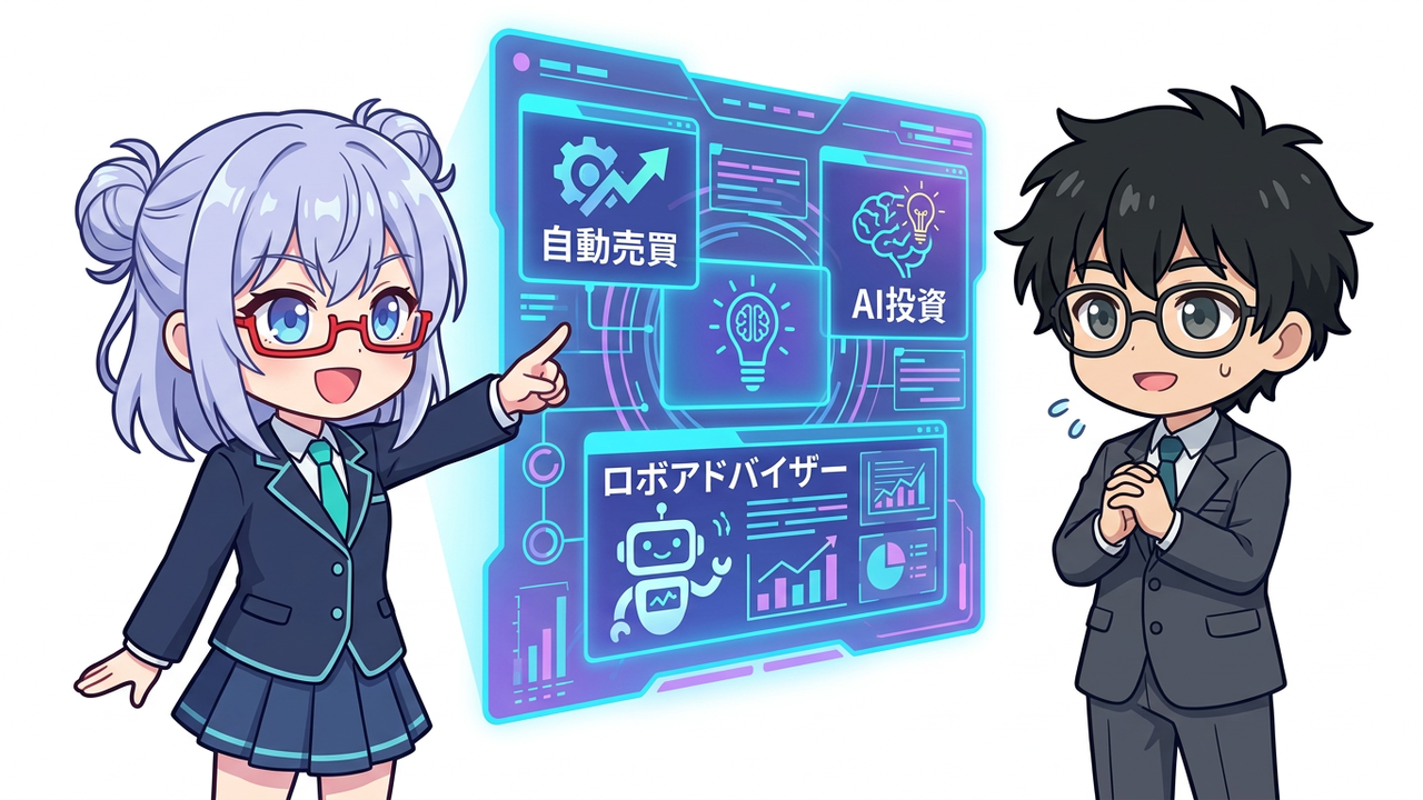 解説 - AIちゃんがホログラムで「自動売買」「AI投資」「ロボアドバイザー」などのアイコンを指し示し、Jさんが感心して見ているチビキャラ