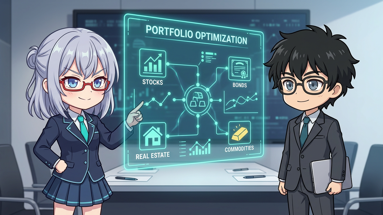 解説 - AIちゃんがホログラムで複雑なポートフォリオ最適化のグラフや数式を指し示し、Jさんが「なるほど！」と感心している様子。背景には多様な投資商品のアイコン
