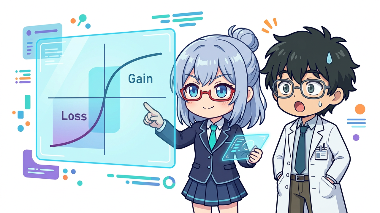 解説 - AIちゃんがホログラムのグラフ（プロスペクト理論の価値関数）を指差し、Jさんが驚いて見ている。グラフには損失領域で曲線が急降下している様子が描かれている