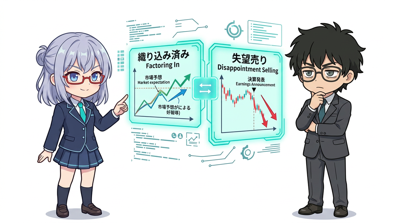 実装 - Jさんがmoomoo証券アプリを操作し、AIちゃんが横で数値を指差しながらアドバイスしているチビキャラ。画面にはアナリスト予想と株価チャート