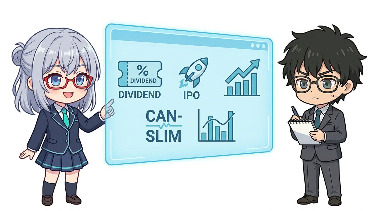 解説 - AIちゃんがホログラムで5つのアイコン(優待・IPO・成長株・CAN SLIM・出来高)を並べて説明しているチビキャラ