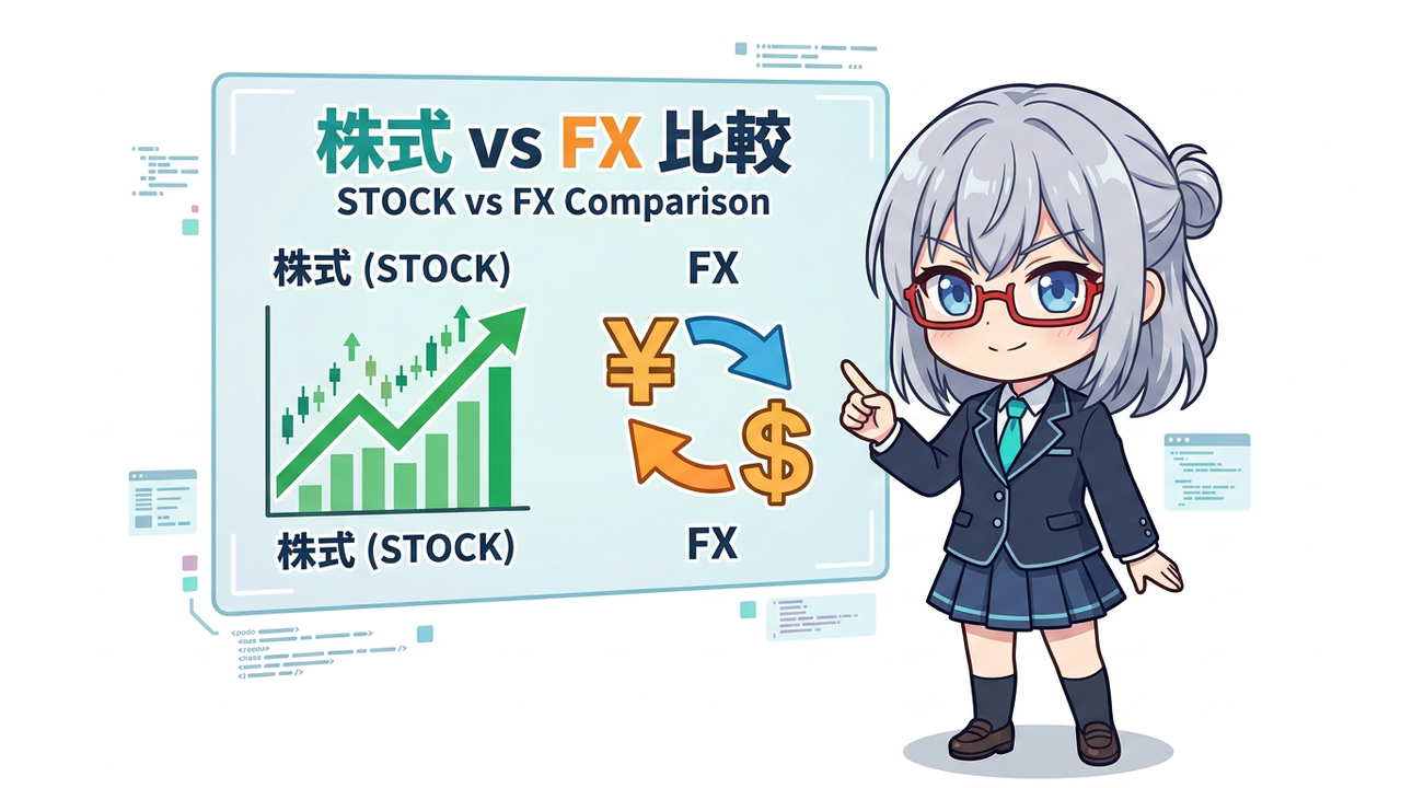 解説 - AIちゃんがホワイトボードに株とFXの税制比較図を書いている様子
