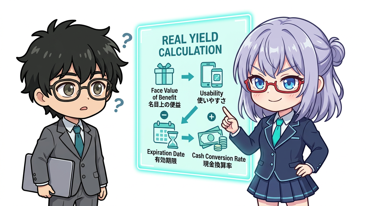 解説 - AIちゃんが空中にホログラムのホワイトボードを投影し、「優待券の額面」「利用条件」「換金率」などを用いて「実質利回り」の計算式を図解しているイラスト