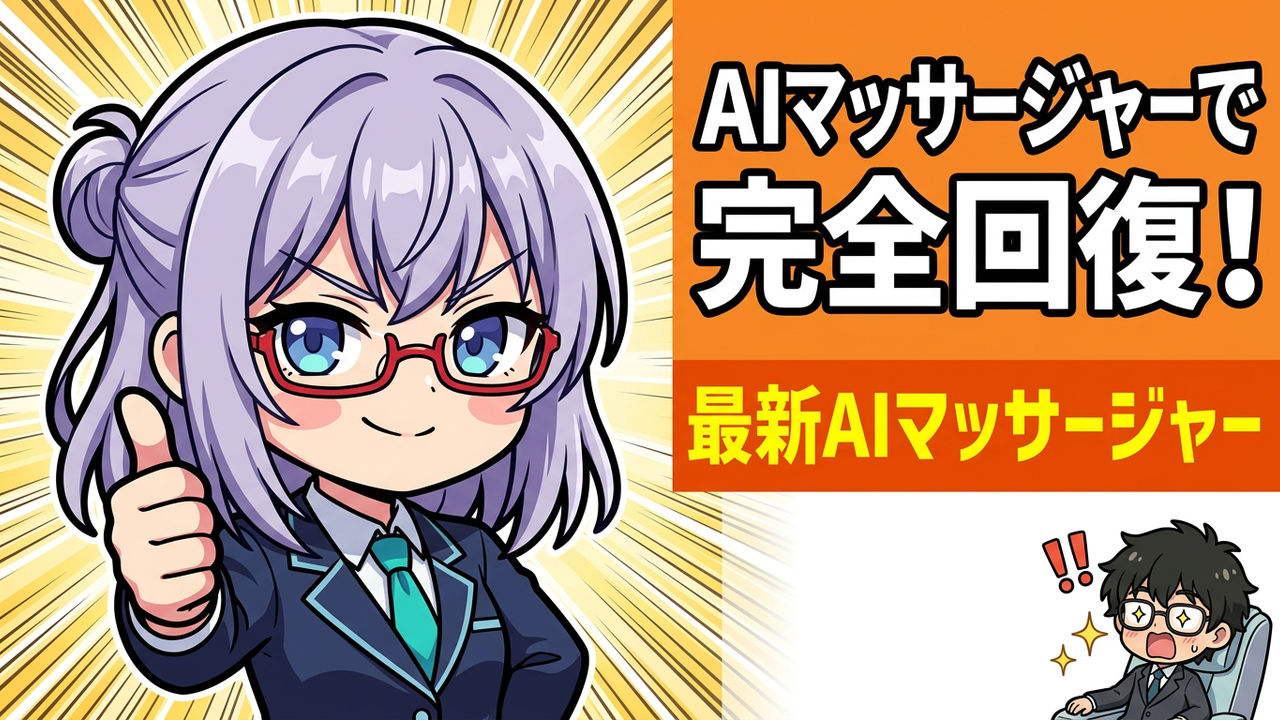 実装 - Jさんが最新のマッサージチェアに座って満足そうな顔をしているチビキャラ