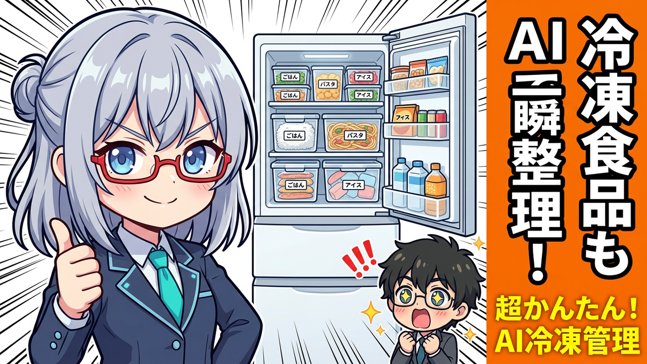 実装 - Jさんが冷凍庫を開けて、中にたくさん食材が収納されている様子をAIちゃんと一緒に見ているチビキャラ