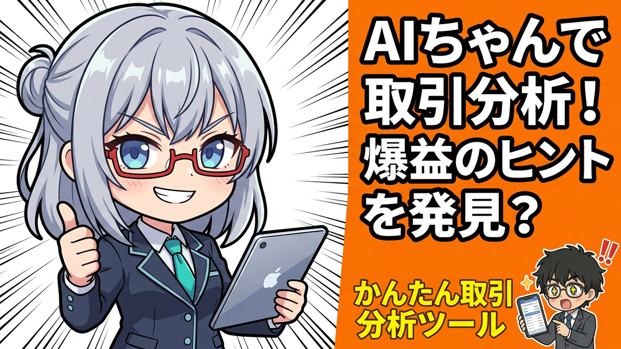 実装 - JさんがDMMFXのスマホアプリで取引履歴を確認し、AIちゃんが隣で数値を分析しているチビキャラ